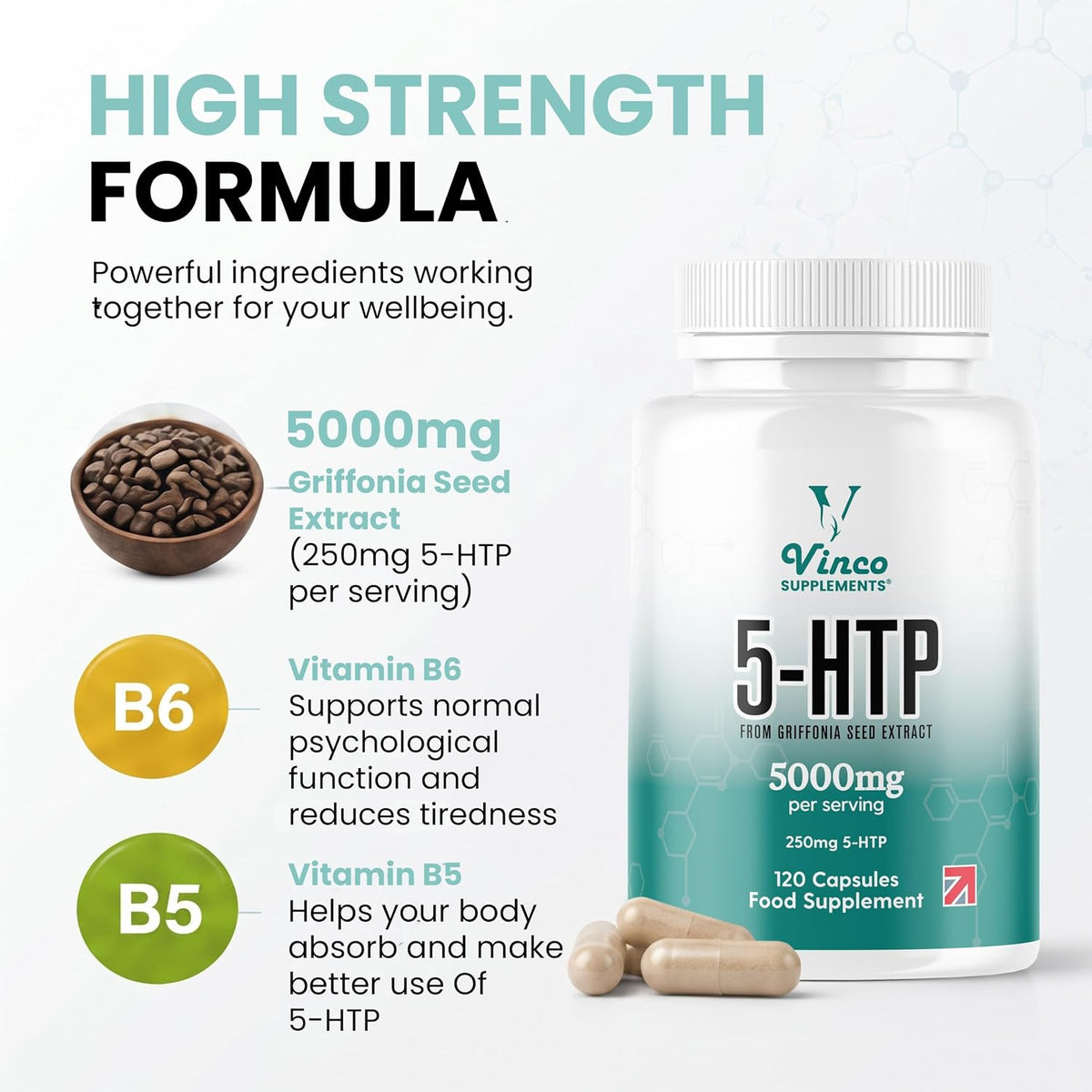 Vinco 5HTP Capsules 5000mg - 120 Vegan Capsules