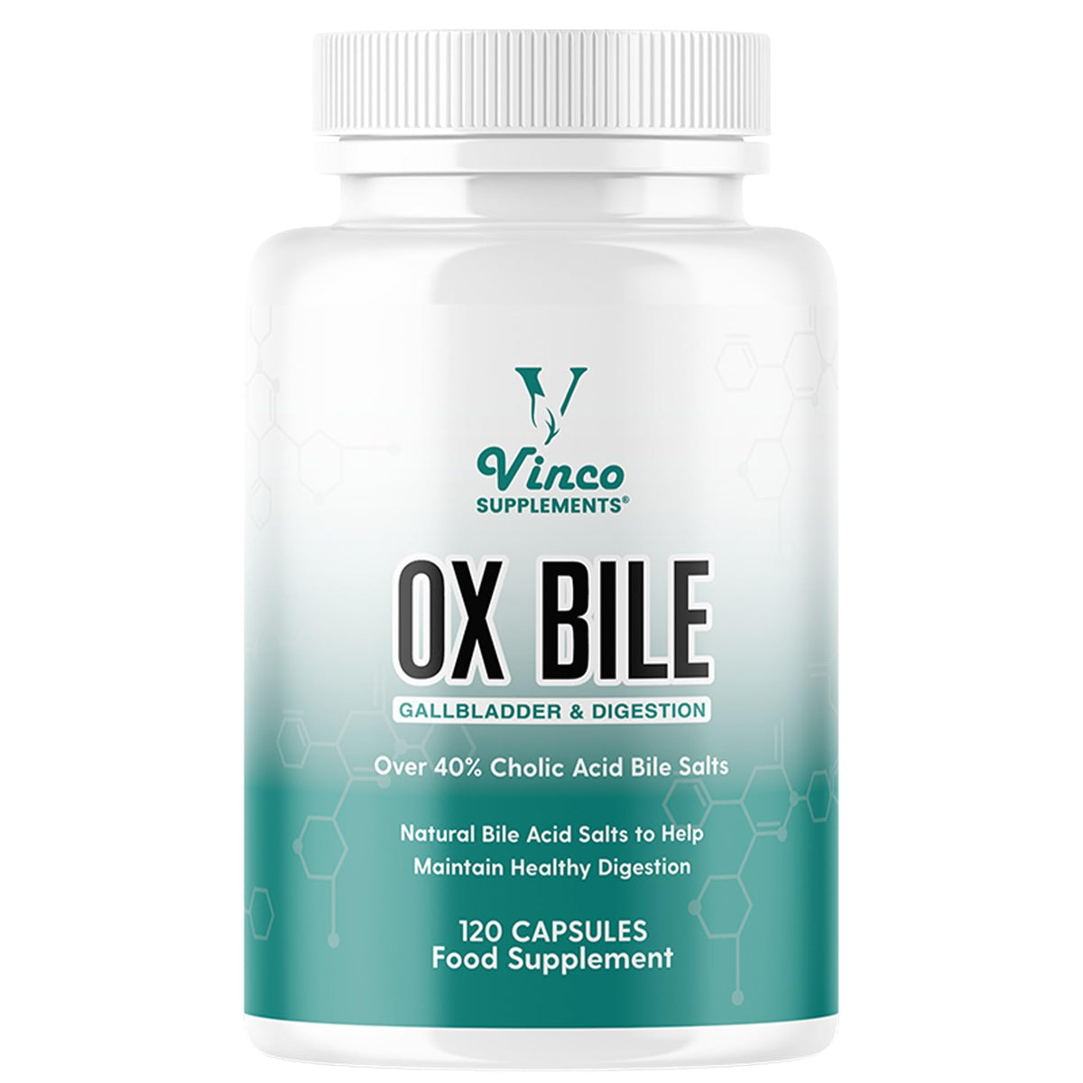 Vinco Ox Bile Acid Salts - 125mg x 120 Capsules - Gallbladder and Digestion Support - Over 40% Cholic Acid Bile Salts - Grass Fed Source - GMP Certified, Non-GMO &amp; Gluten Free - Made in The UK