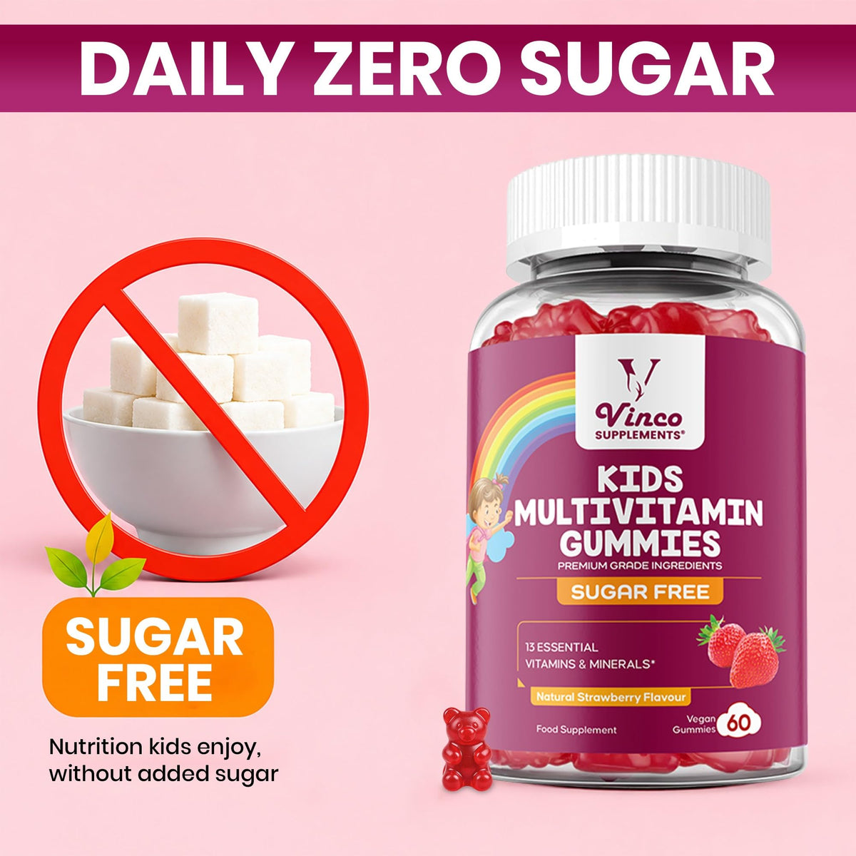 Kids Multivitamin Gummies - 60 Chewable Vitamins for Children Ages 3+ - 2 Months Supply - Sugar Free - 13 Essential Vitamins and Minerals with Vitamin C D E B6 B12 - Vegan Gluten Free