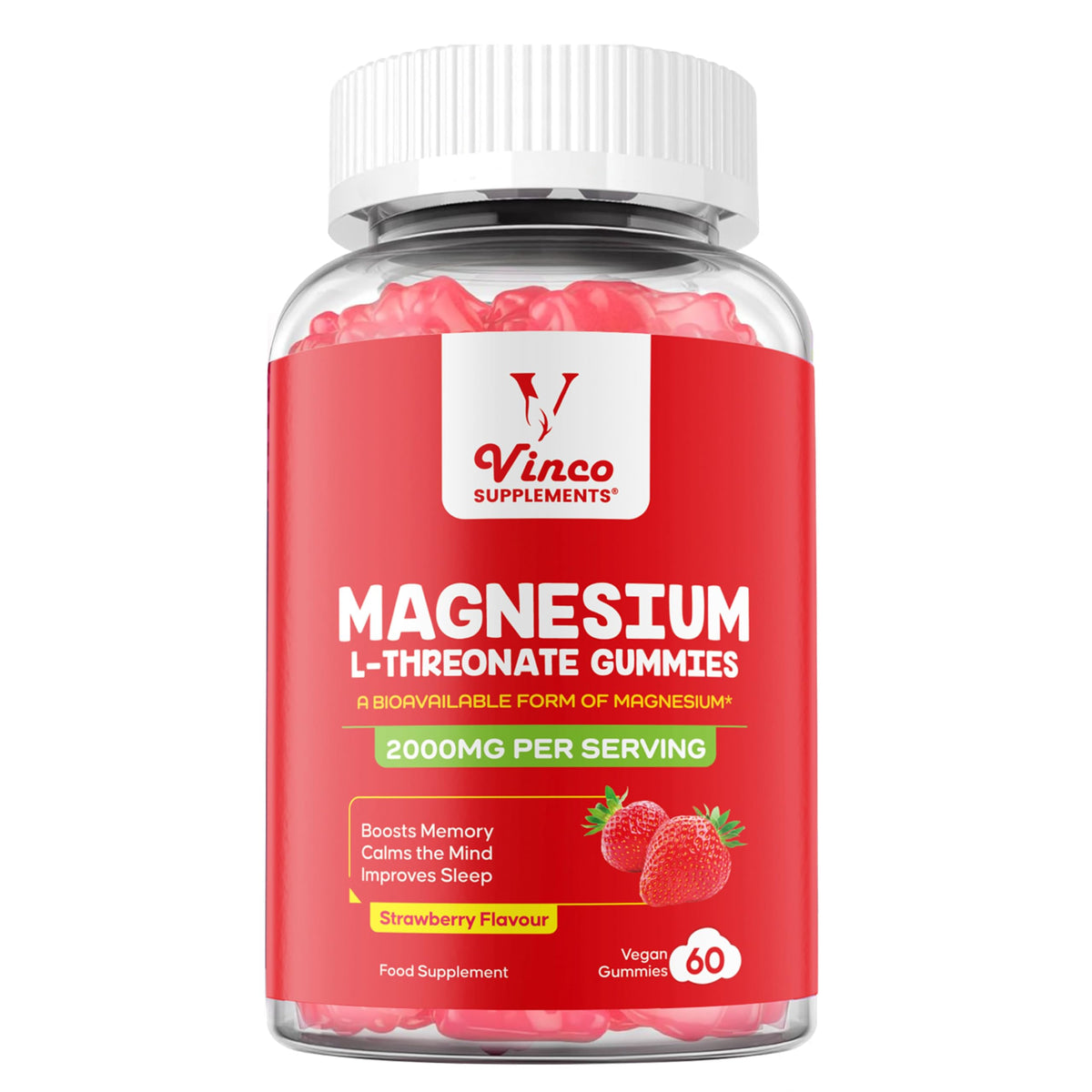 Vinco Magnesium L-Threonate Gummies - 2000mg High Strength Bioavailable Magnesium Formula for Memory, Focus, Calm &amp; Sleep, Vegan Strawberry Flavour Brain Supplement for Adults - 60 Gummies