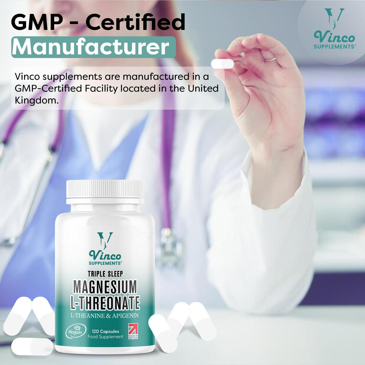 Vinco Triple Magnesium L-Threonate with L-Theanine & Apigenin – 120 Capsules - 3-in-1 Apigenin Threonate Magnesium Supplements for Sleep & Relaxation - Triple Magnesium Complex Made in The UK