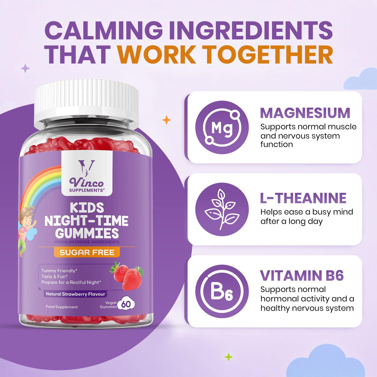 Kids Night-Time Gummies - 60 Chewable Sleep Support Gummies with Magnesium, L-Theanine, and Vitamin B6 for Children Ages 3+ - Calming Bedtime Formula - 2 Months Supply