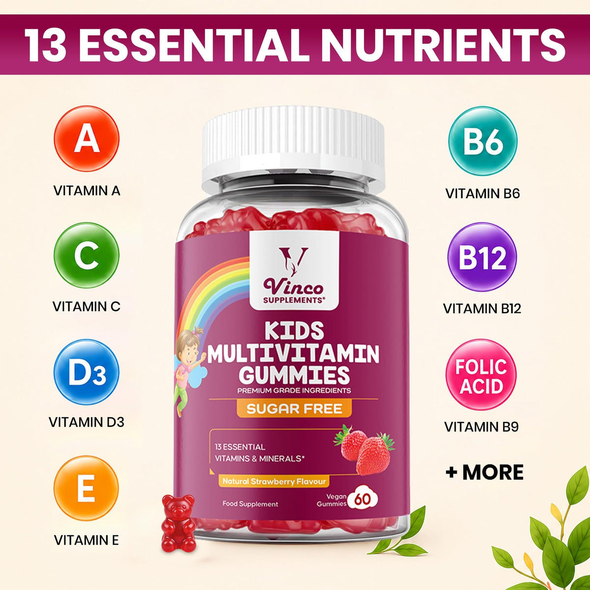 Kids Multivitamin Gummies - 60 Chewable Vitamins for Children Ages 3+ - 2 Months Supply - Sugar Free - 13 Essential Vitamins and Minerals with Vitamin C D E B6 B12 - Vegan Gluten Free