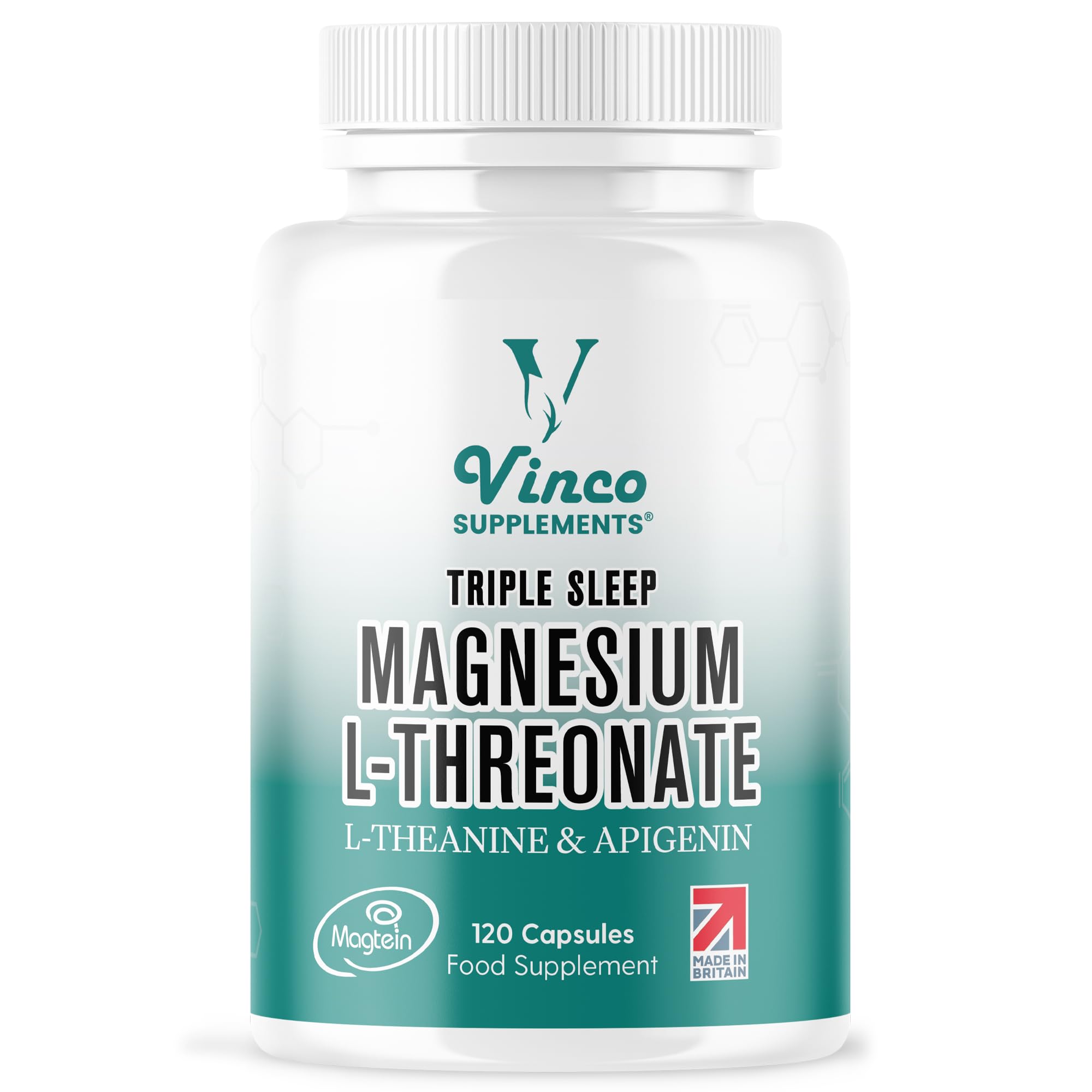 Vinco Triple Magnesium L-Threonate with L-Theanine & Apigenin – 120 Capsules - 3-in-1 Apigenin Threonate Magnesium Supplements for Sleep & Relaxation - Triple Magnesium Complex Made in The UK