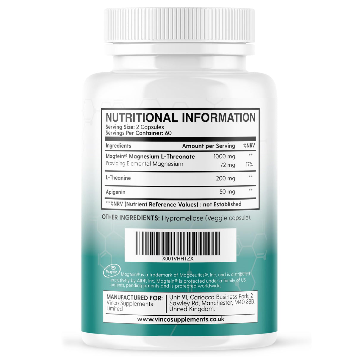 Vinco Triple Magnesium L-Threonate with L-Theanine & Apigenin – 120 Capsules - 3-in-1 Apigenin Threonate Magnesium Supplements for Sleep & Relaxation - Triple Magnesium Complex Made in The UK