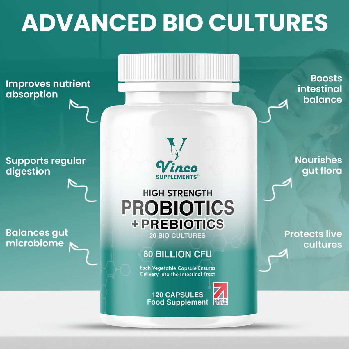 Vinco 80 Billion CFU Probiotics - 20 Strains with Prebiotics - 120 Vegan Capsules