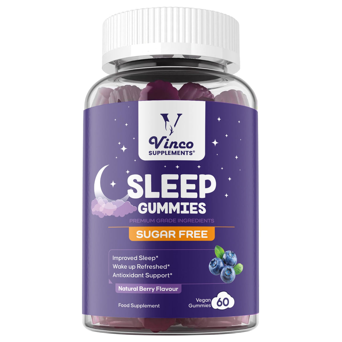 Vinco Sugar Free Sleep Gummies - 12 in 1 Night-Time Formula with Magnesium Glycinate, Ashwagandha, Lemon Balm &amp; L-Theanine - Vegan Natural Berry Flavour Sleep Support for Adults - 60 Gummies