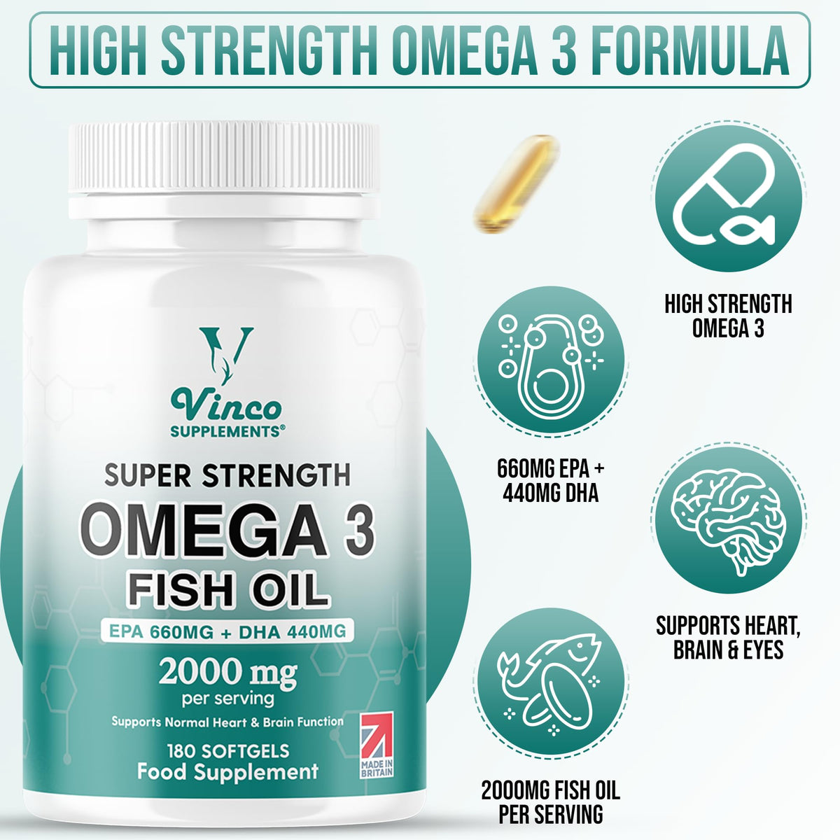 High Strength Omega 3 Fish Oil 2000mg - EPA 660mg & DHA 440mg Per Serving