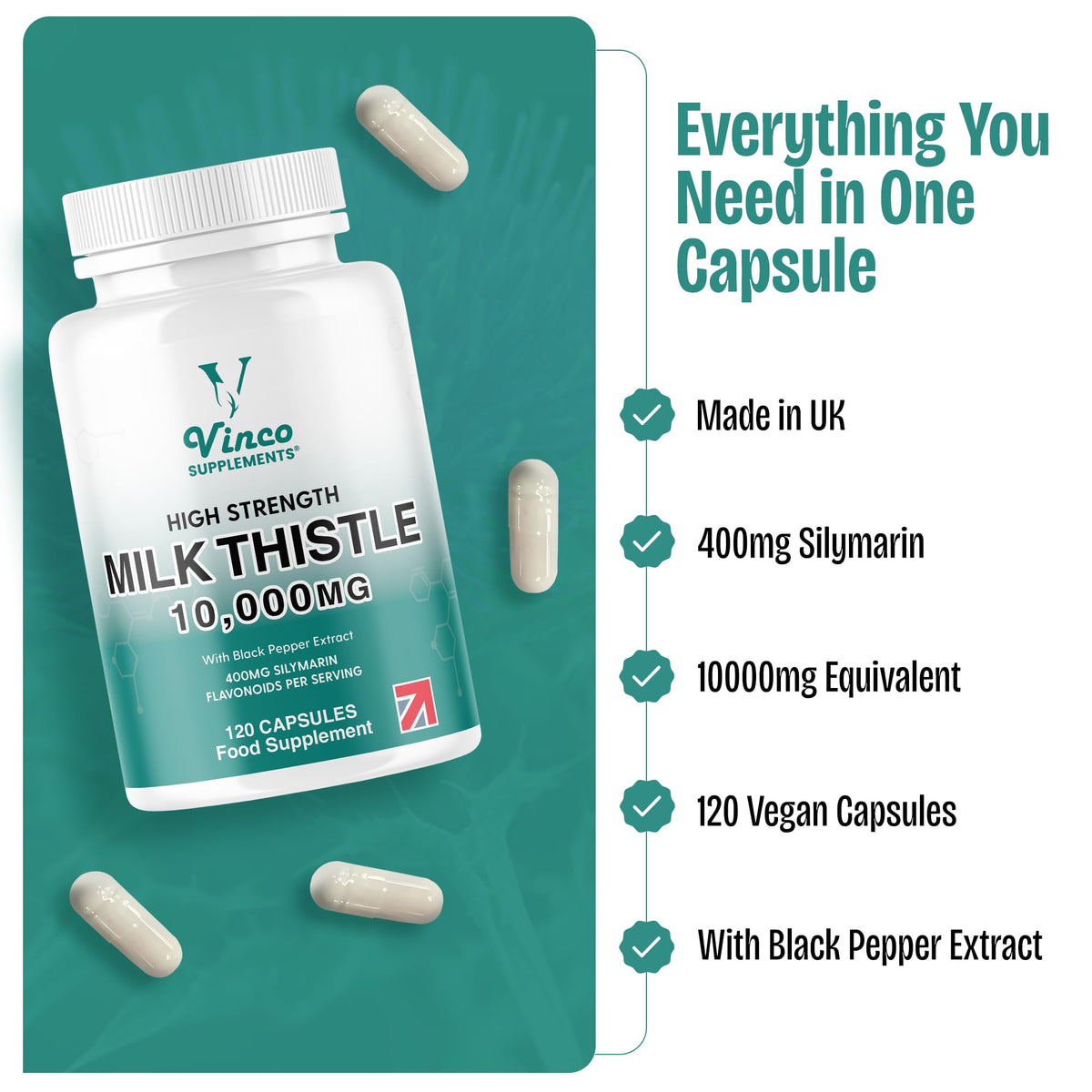 Milk Thistle High Strength 10000mg - 400mg Silymarin per Capsule - 120 Capsules with Black Pepper Extract - 4 Months Supply - Vegan Herbal Food Supplement