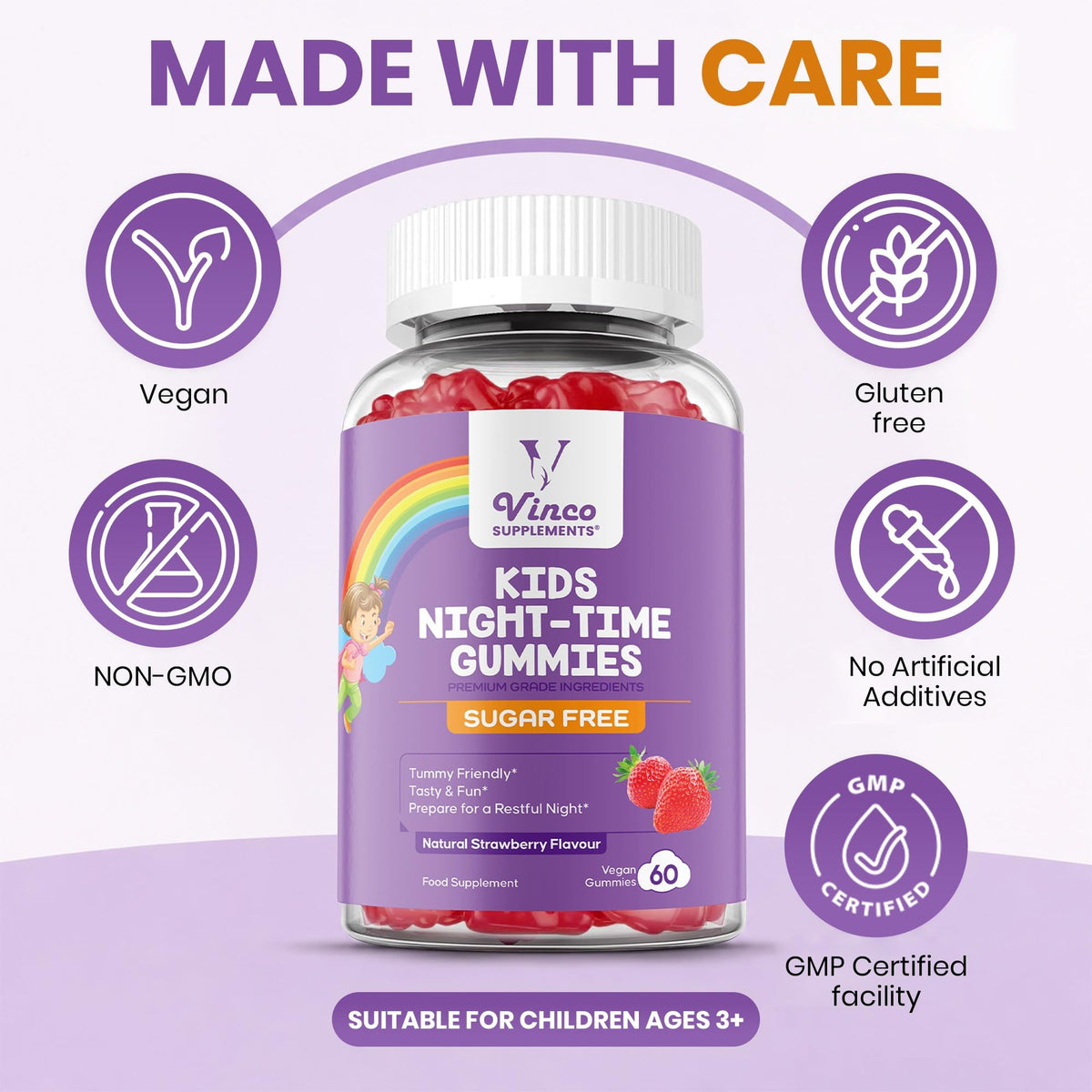 Kids Night-Time Gummies - 60 Chewable Sleep Support Gummies with Magnesium, L-Theanine, and Vitamin B6 for Children Ages 3+ - Calming Bedtime Formula - 2 Months Supply