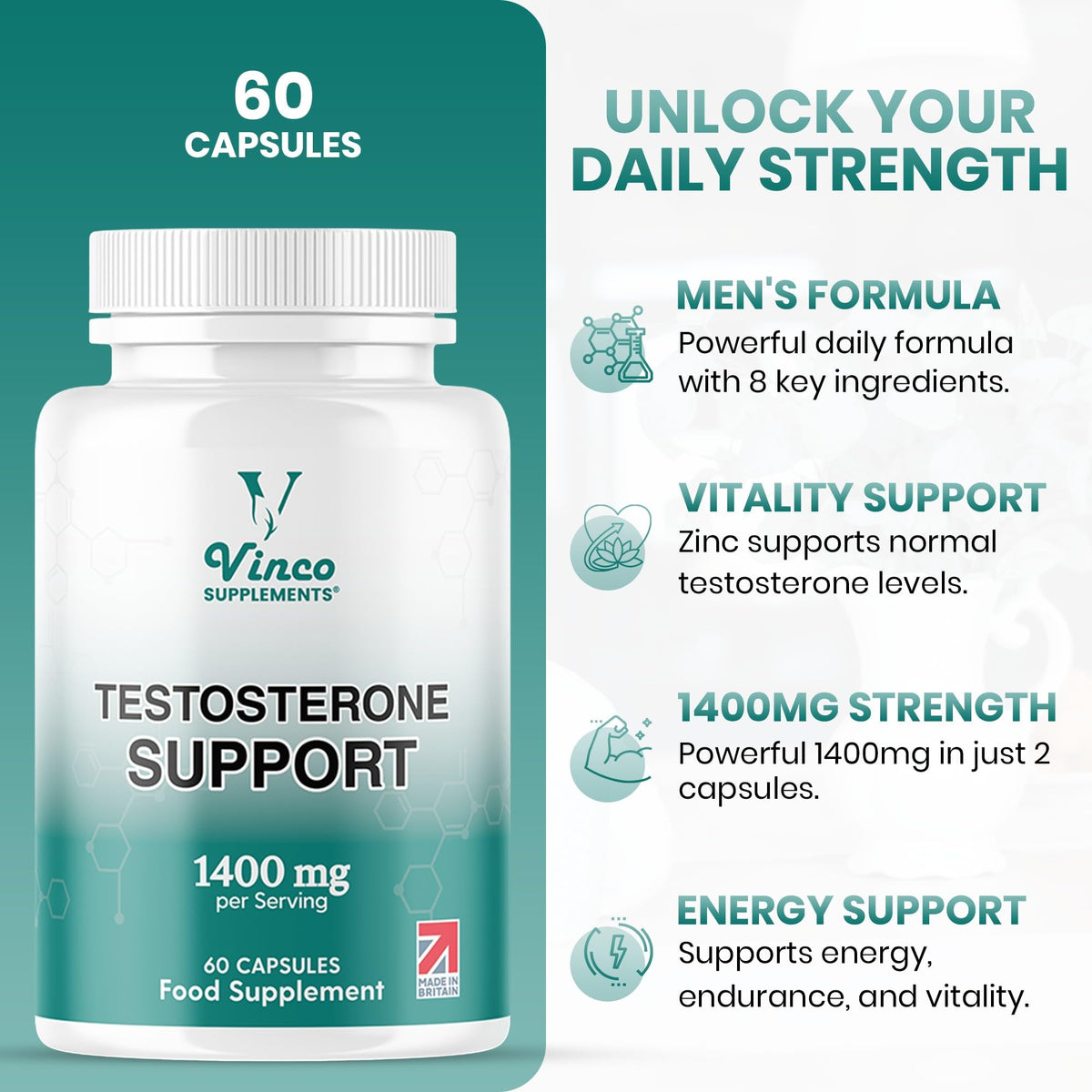 Vinco Testosterone Supplements for Men, 1400mg Per Serving, 60 Capsules