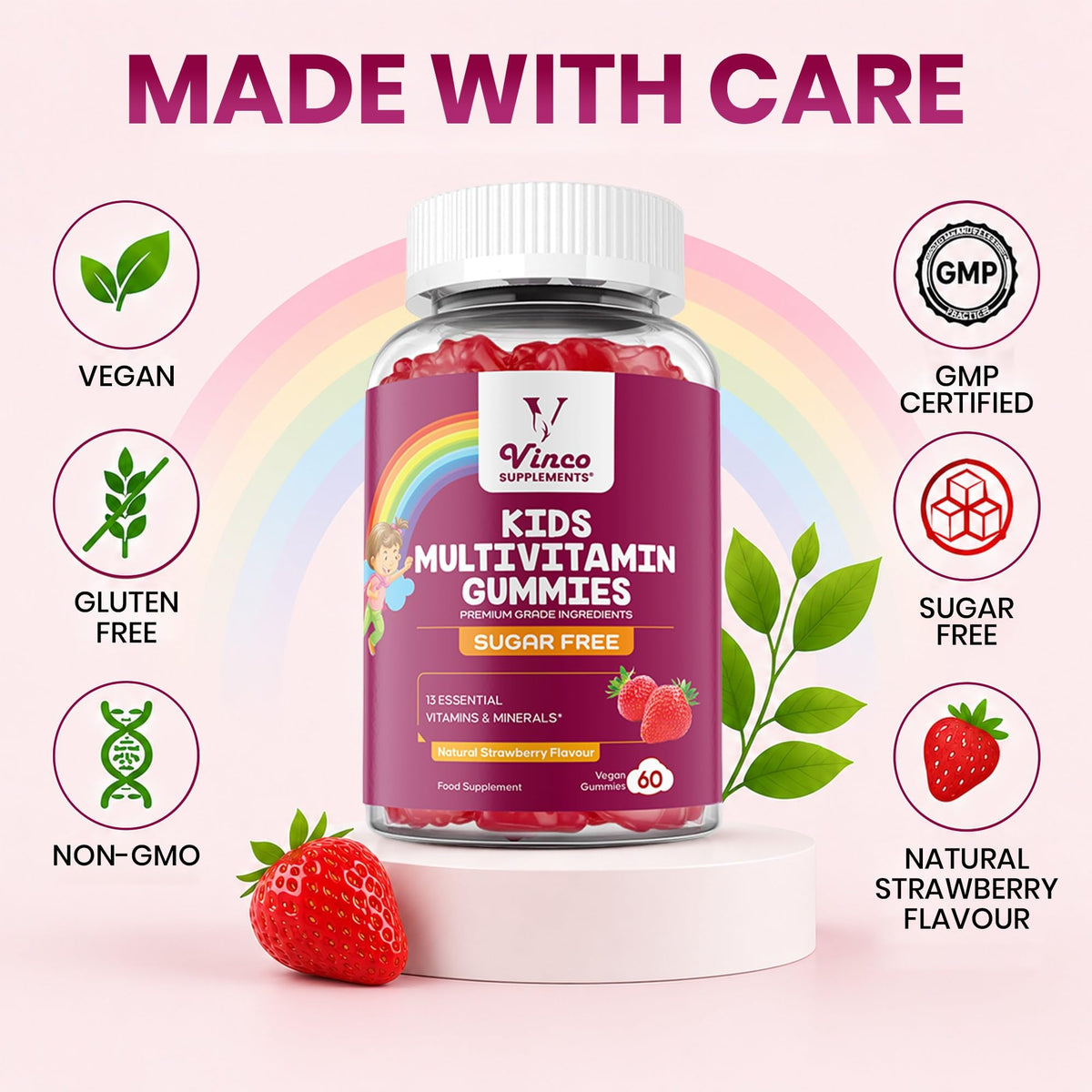 Kids Multivitamin Gummies - 60 Chewable Vitamins for Children Ages 3+ - 2 Months Supply - Sugar Free - 13 Essential Vitamins and Minerals with Vitamin C D E B6 B12 - Vegan Gluten Free