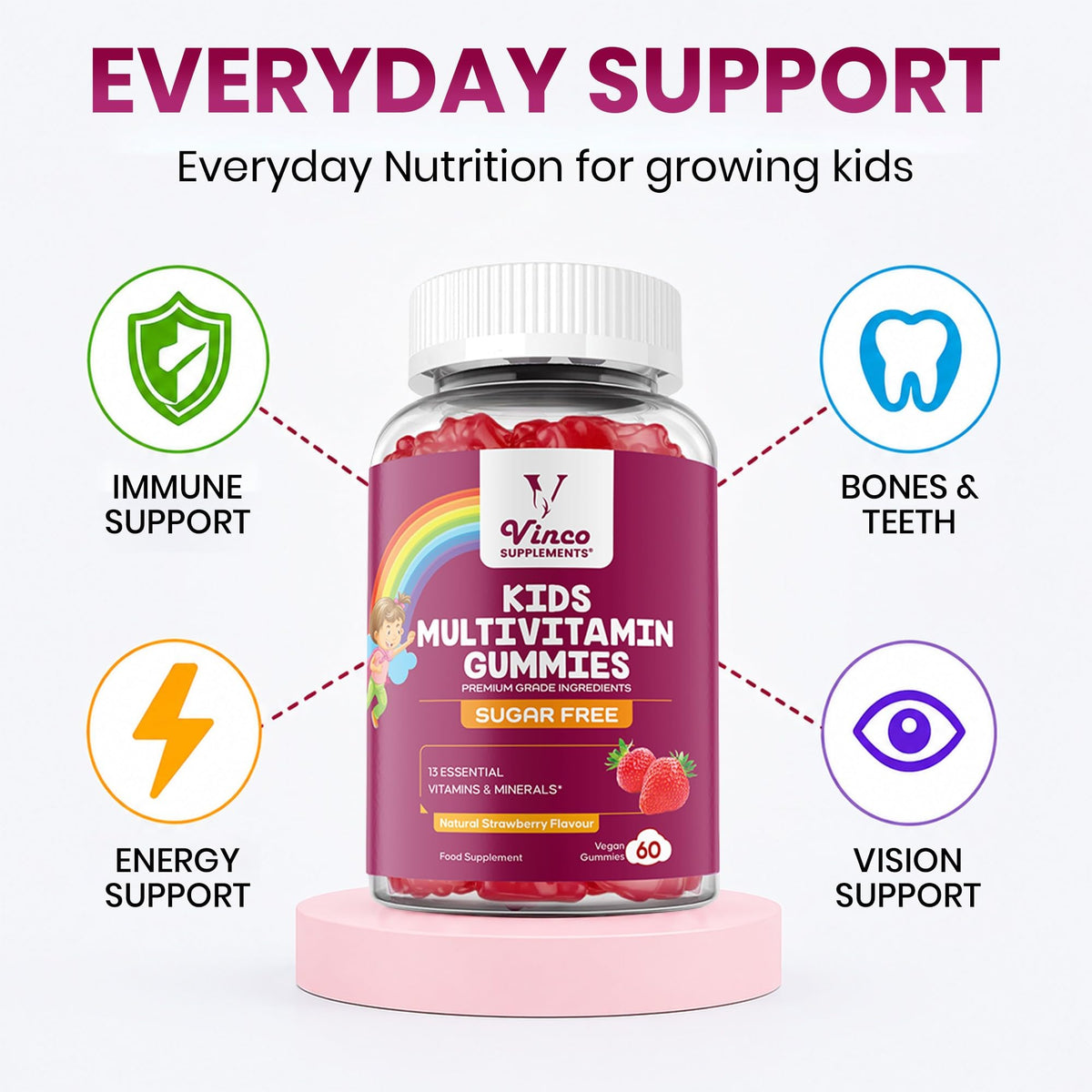 Kids Multivitamin Gummies - 60 Chewable Vitamins for Children Ages 3+ - 2 Months Supply - Sugar Free - 13 Essential Vitamins and Minerals with Vitamin C D E B6 B12 - Vegan Gluten Free