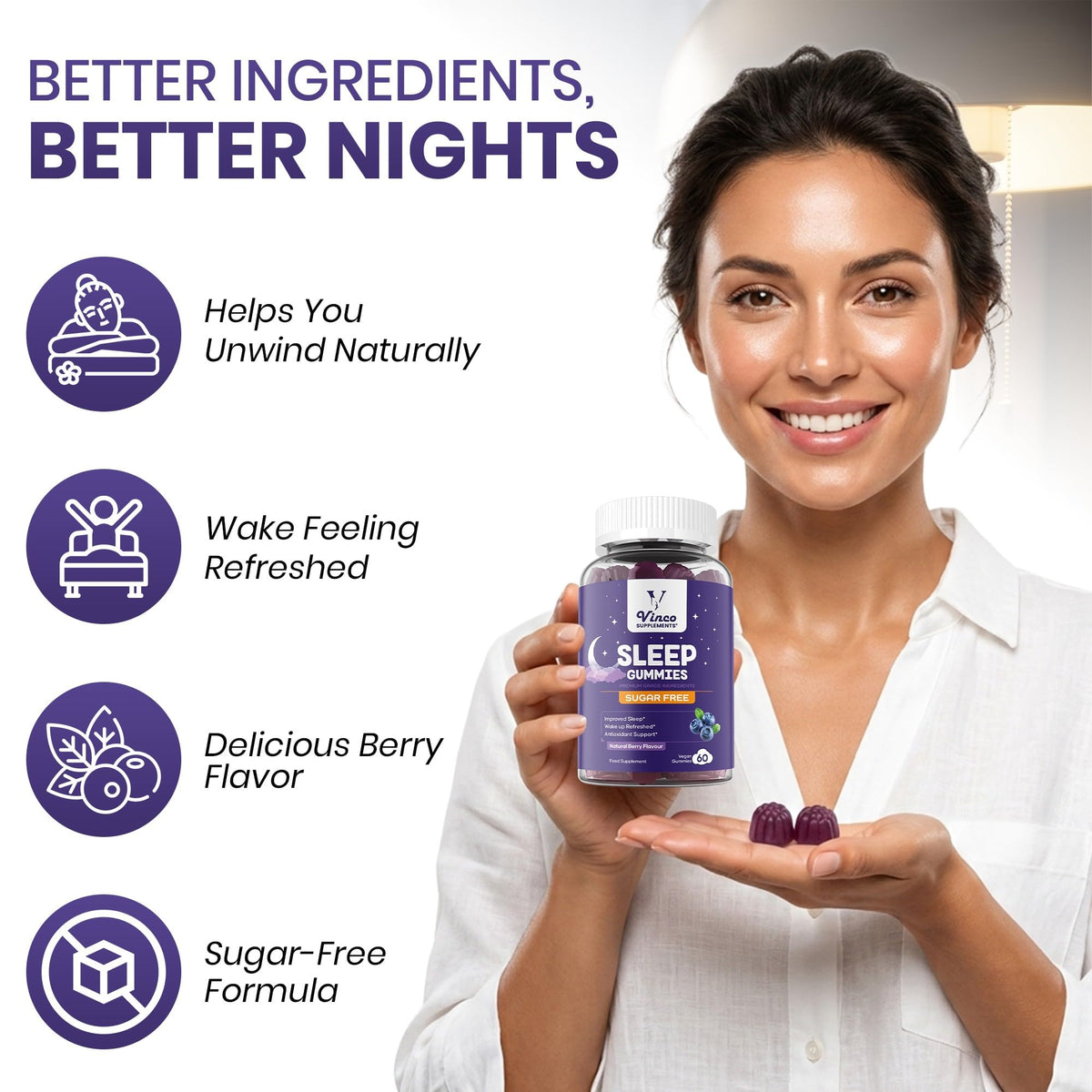 Vinco Sugar Free Sleep Gummies - 12 in 1 Night-Time Formula with Magnesium Glycinate, Ashwagandha, Lemon Balm & L-Theanine - Vegan Natural Berry Flavour Sleep Support for Adults - 60 Gummies