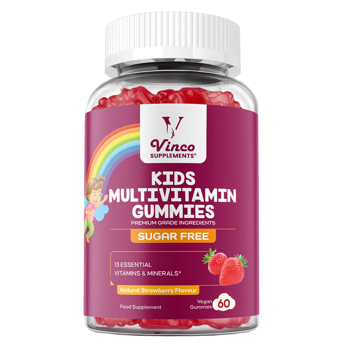 Kids Multivitamin Gummies - 60 Chewable Vitamins for Children Ages 3+ - 2 Months Supply - Sugar Free - 13 Essential Vitamins and Minerals with Vitamin C D E B6 B12 - Vegan Gluten Free