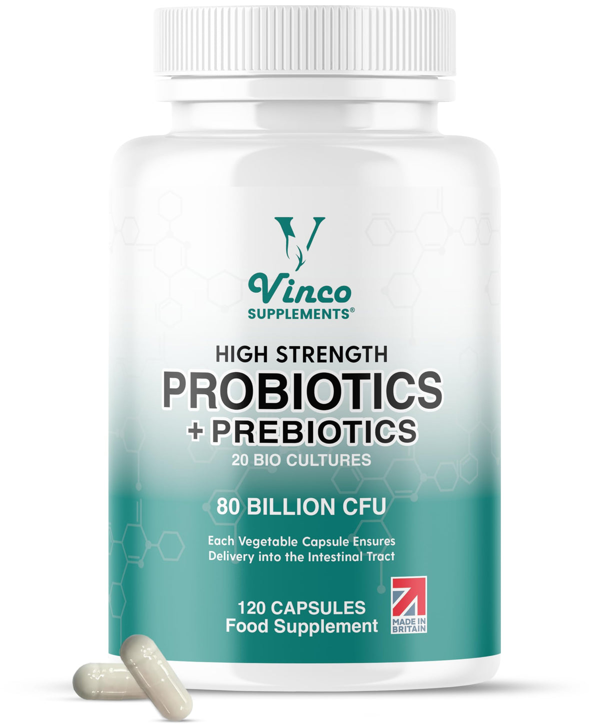 Vinco 80 Billion CFU Probiotics - 20 Strains with Prebiotics - 120 Vegan Capsules