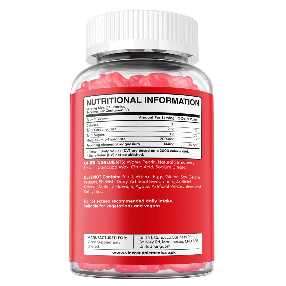 Vinco Magnesium L-Threonate Gummies - 2000mg High Strength Bioavailable Magnesium Formula for Memory, Focus, Calm & Sleep, Vegan Strawberry Flavour Brain Supplement for Adults - 60 Gummies