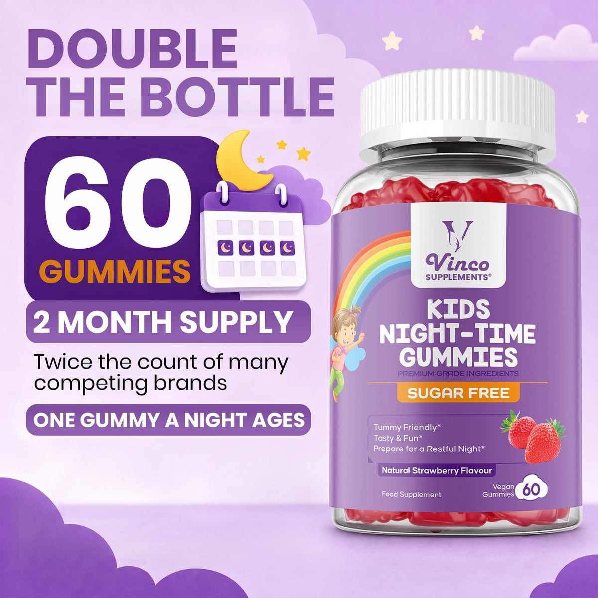 Kids Night-Time Gummies - 60 Chewable Sleep Support Gummies with Magnesium, L-Theanine, and Vitamin B6 for Children Ages 3+ - Calming Bedtime Formula - 2 Months Supply