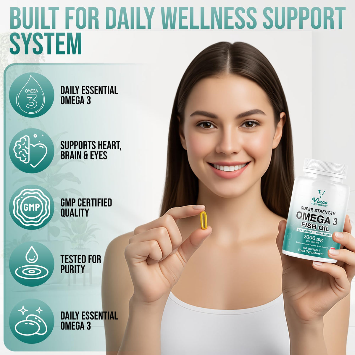 High Strength Omega 3 Fish Oil 2000mg - EPA 660mg & DHA 440mg Per Serving