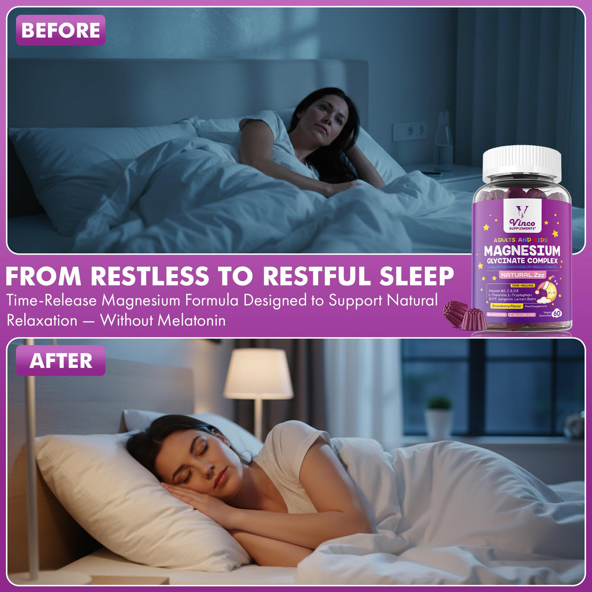 Magnesium Glycinate Sleep Aid Gummies for Adults & Kids 4+ - 60 Gummies