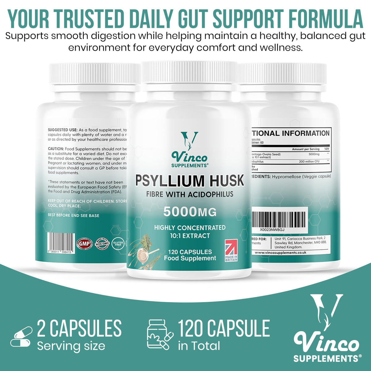 Vinco Fibre Supplement 5000mg Psyllium Husk with Acidophilus Capsule