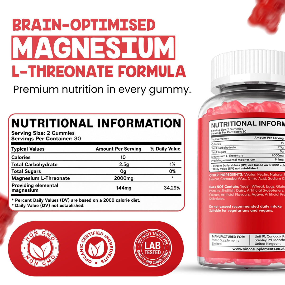 Vinco Magnesium L-Threonate Gummies - 2000mg High Strength Bioavailable Magnesium Formula for Memory, Focus, Calm & Sleep, Vegan Strawberry Flavour Brain Supplement for Adults - 60 Gummies