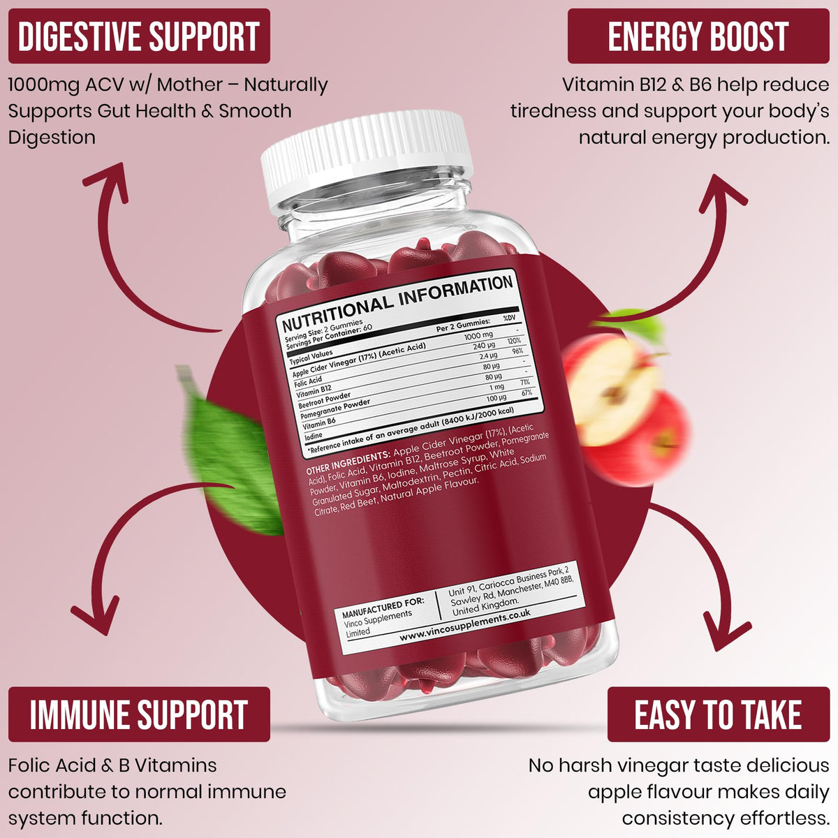 Apple Cider Vinegar Gummies with Mother 1000mg - 120 Vegan Gummies