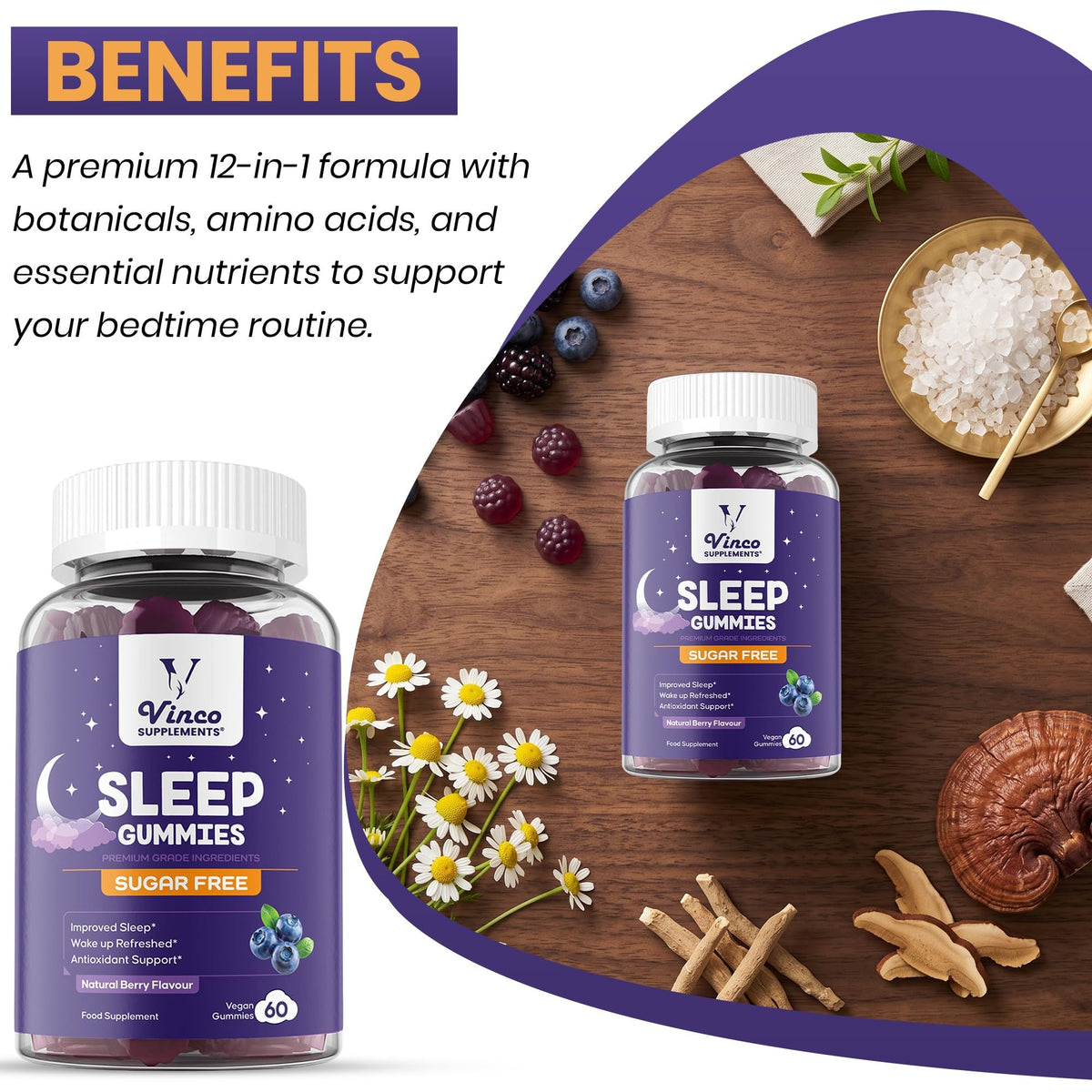 Vinco Sugar Free Sleep Gummies - 12 in 1 Night-Time Formula with Magnesium Glycinate, Ashwagandha, Lemon Balm & L-Theanine - Vegan Natural Berry Flavour Sleep Support for Adults - 60 Gummies