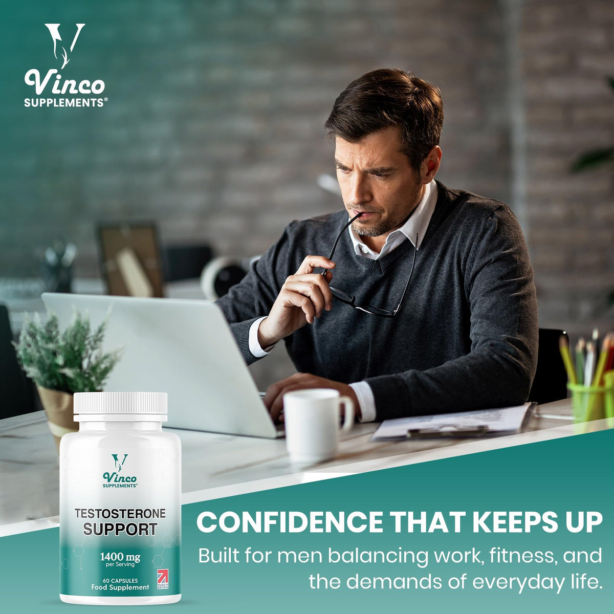 Vinco Testosterone Supplements for Men, 1400mg Per Serving, 60 Capsules