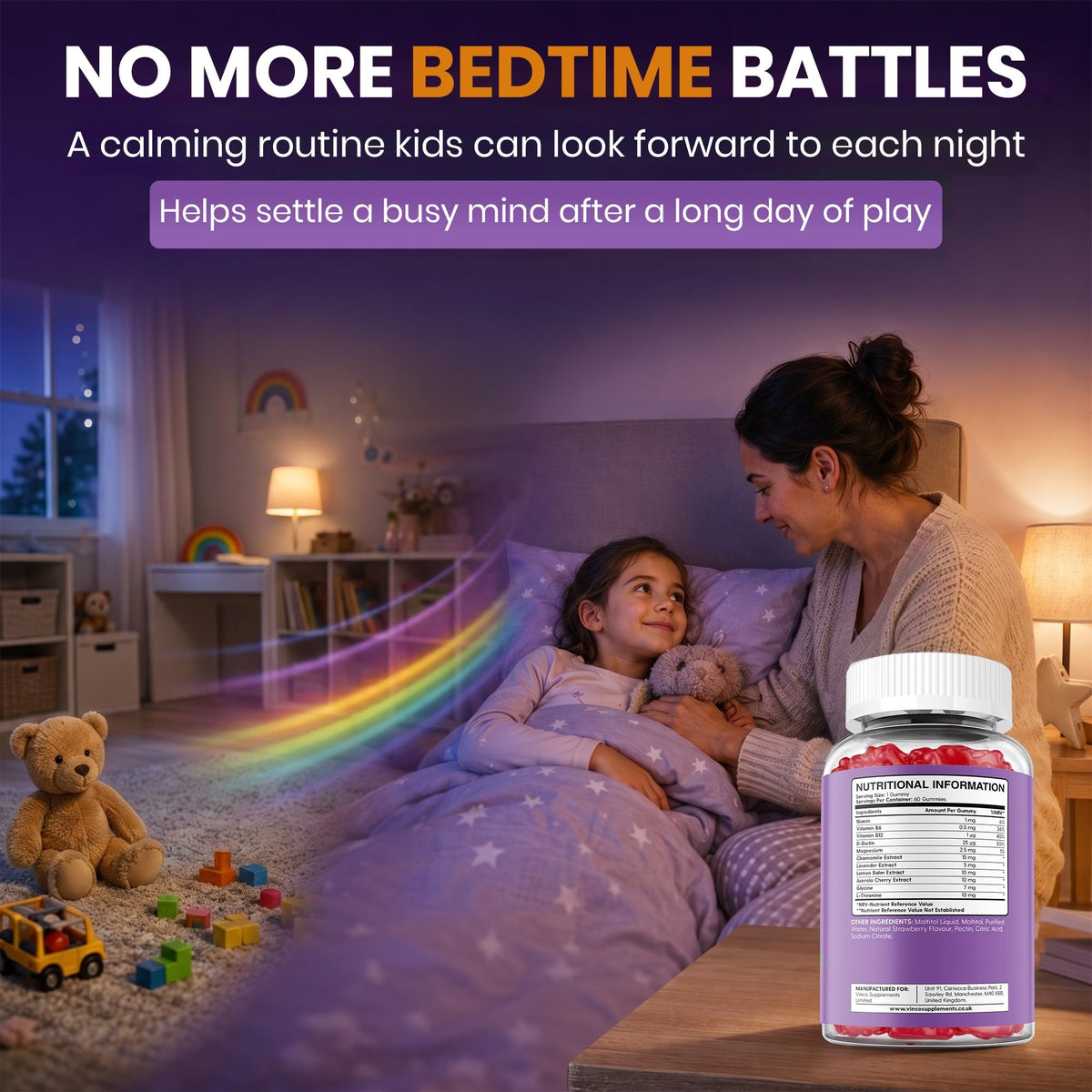 Kids Night-Time Gummies - 60 Chewable Sleep Support Gummies with Magnesium, L-Theanine, and Vitamin B6 for Children Ages 3+ - Calming Bedtime Formula - 2 Months Supply