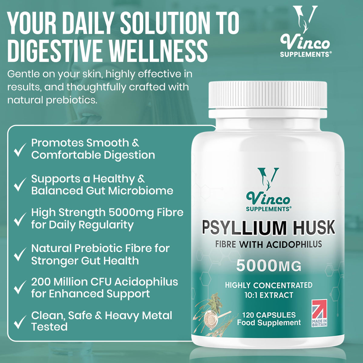 Vinco Fibre Supplement 5000mg Psyllium Husk with Acidophilus Capsule