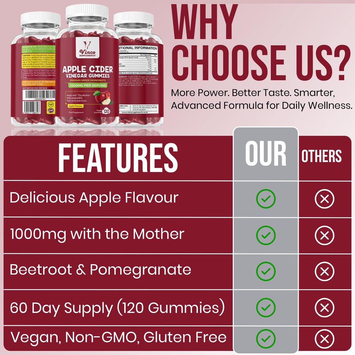 Apple Cider Vinegar Gummies with Mother 1000mg - 120 Vegan Gummies
