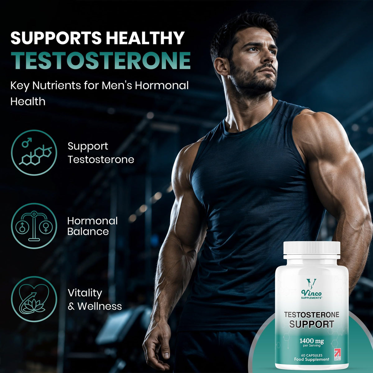 Vinco Testosterone Supplements for Men, 1400mg Per Serving, 60 Capsules