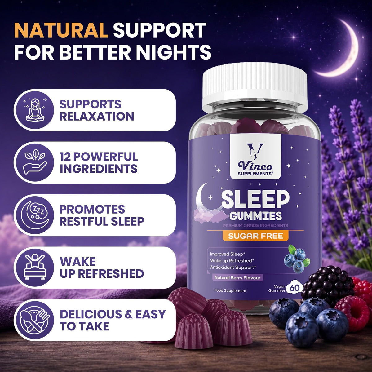 Vinco Sugar Free Sleep Gummies - 12 in 1 Night-Time Formula with Magnesium Glycinate, Ashwagandha, Lemon Balm & L-Theanine - Vegan Natural Berry Flavour Sleep Support for Adults - 60 Gummies