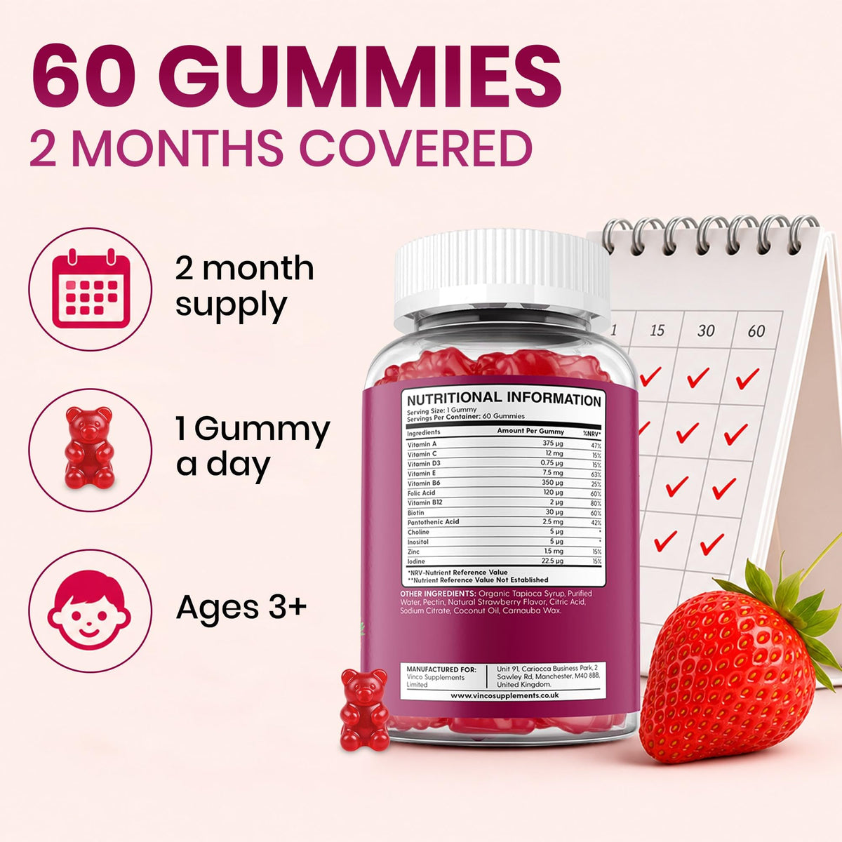 Kids Multivitamin Gummies - 60 Chewable Vitamins for Children Ages 3+ - 2 Months Supply - Sugar Free - 13 Essential Vitamins and Minerals with Vitamin C D E B6 B12 - Vegan Gluten Free