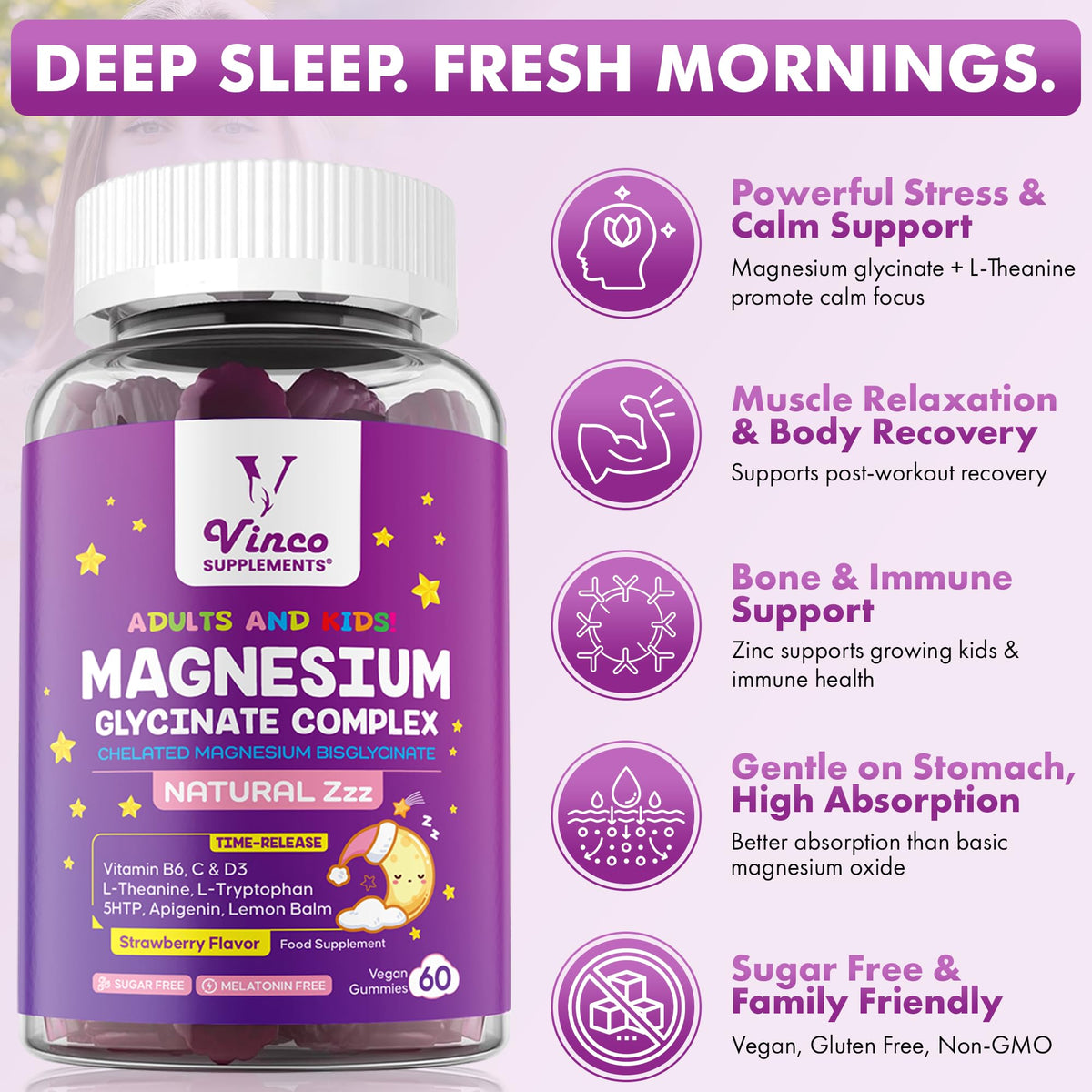 Magnesium Glycinate Sleep Aid Gummies for Adults & Kids 4+ - 60 Gummies