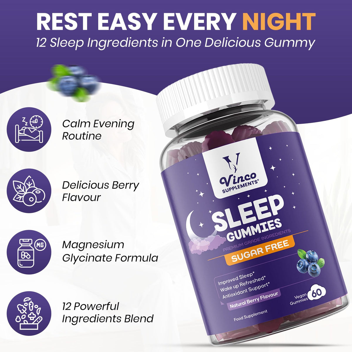 Vinco Sugar Free Sleep Gummies - 12 in 1 Night-Time Formula with Magnesium Glycinate, Ashwagandha, Lemon Balm & L-Theanine - Vegan Natural Berry Flavour Sleep Support for Adults - 60 Gummies