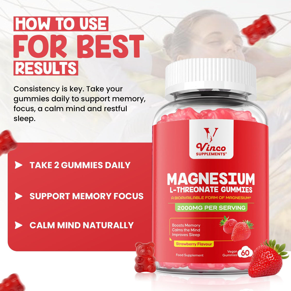 Vinco Magnesium L-Threonate Gummies - 2000mg High Strength Bioavailable Magnesium Formula for Memory, Focus, Calm & Sleep, Vegan Strawberry Flavour Brain Supplement for Adults - 60 Gummies
