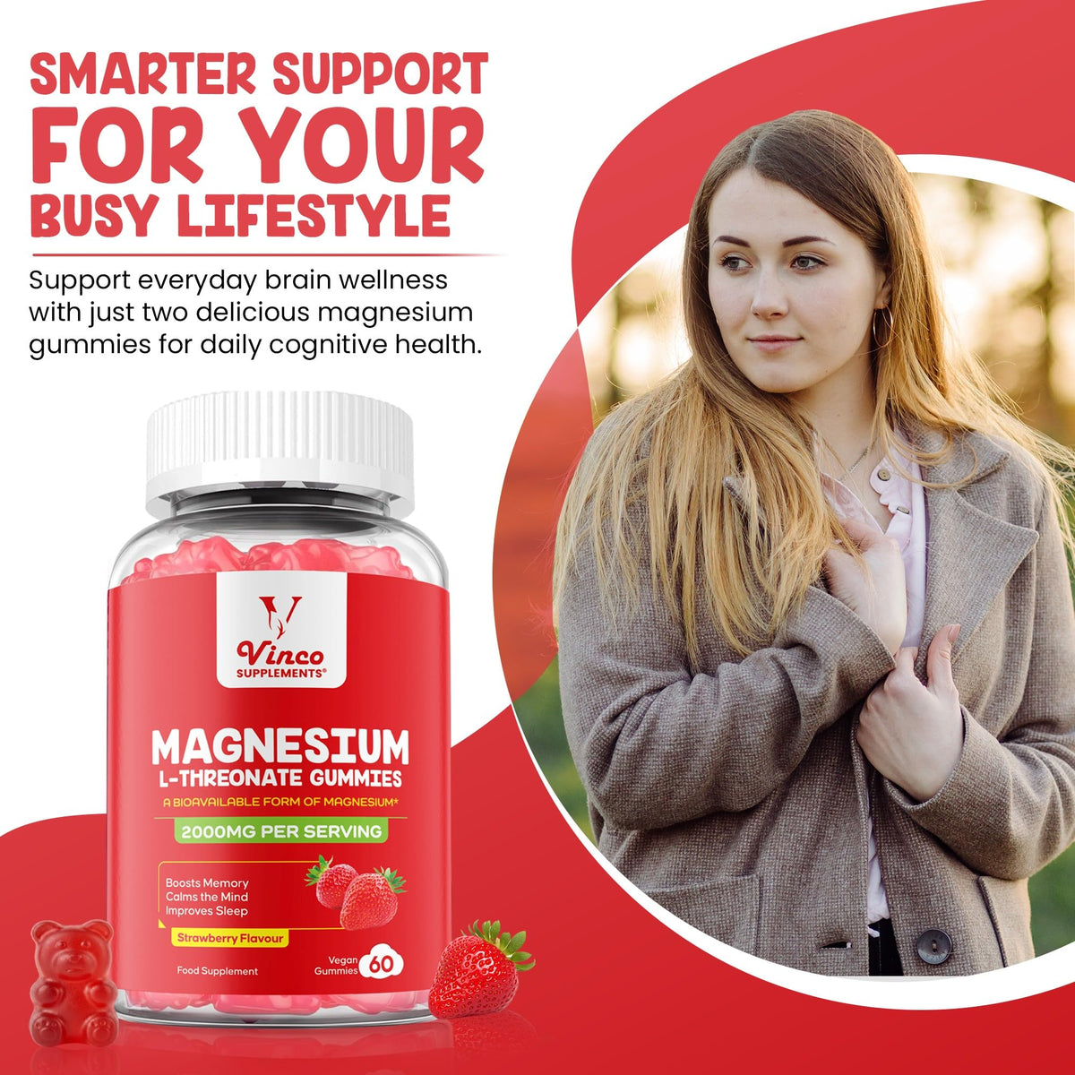 Vinco Magnesium L-Threonate Gummies - 2000mg High Strength Bioavailable Magnesium Formula for Memory, Focus, Calm & Sleep, Vegan Strawberry Flavour Brain Supplement for Adults - 60 Gummies