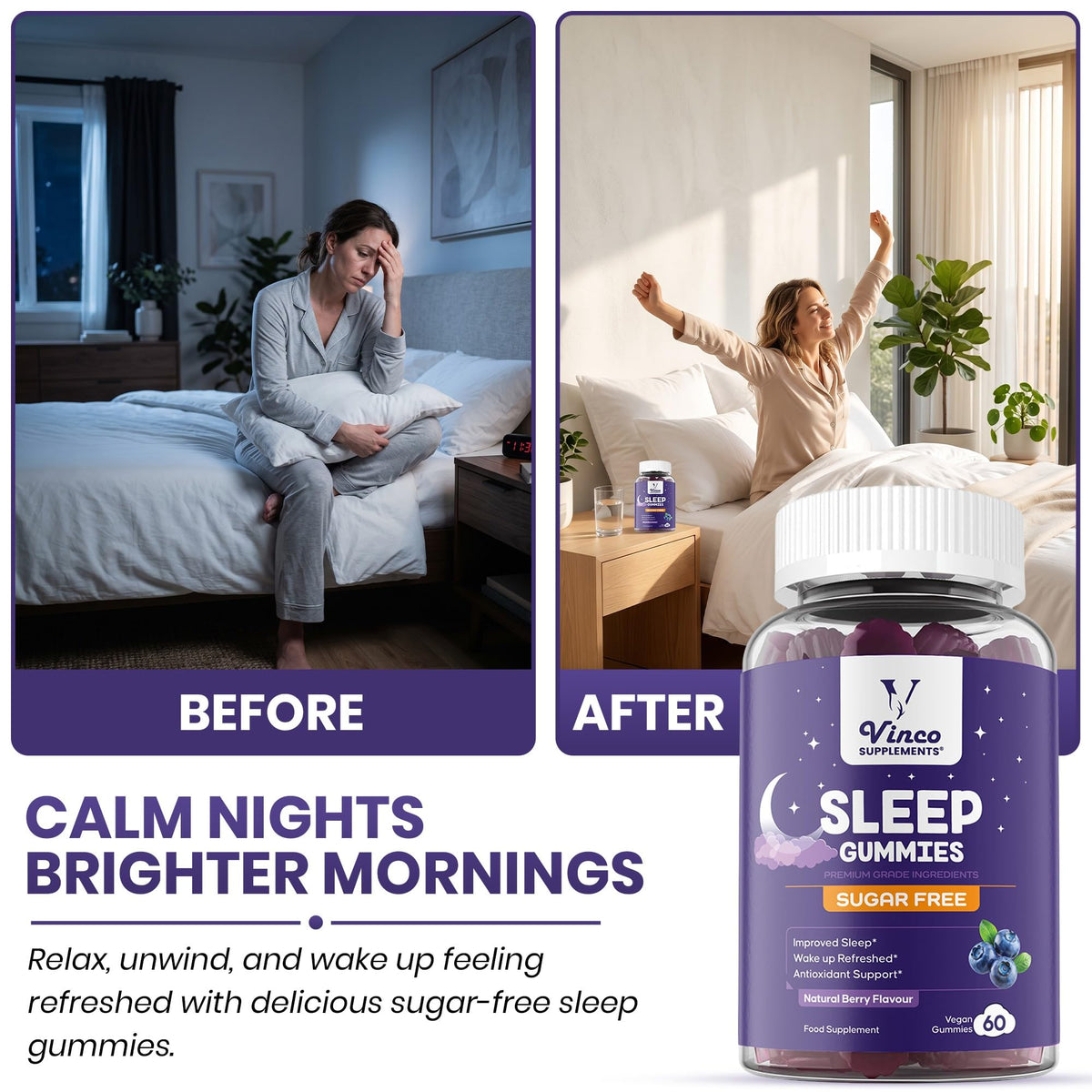 Vinco Sugar Free Sleep Gummies - 12 in 1 Night-Time Formula with Magnesium Glycinate, Ashwagandha, Lemon Balm & L-Theanine - Vegan Natural Berry Flavour Sleep Support for Adults - 60 Gummies