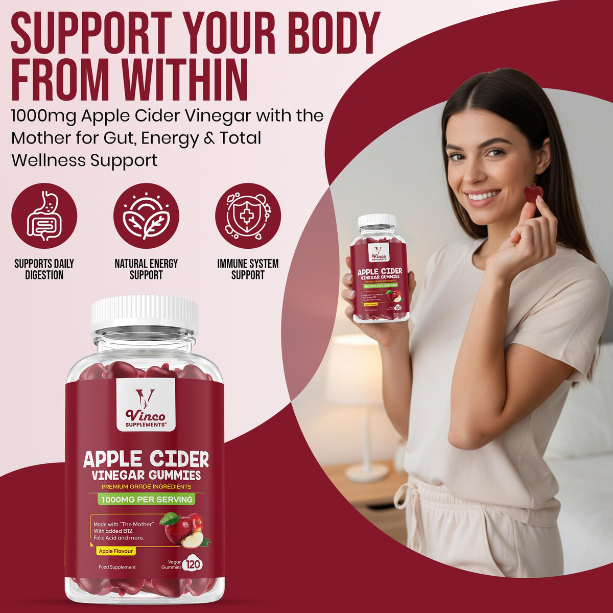 Apple Cider Vinegar Gummies with Mother 1000mg - 120 Vegan Gummies