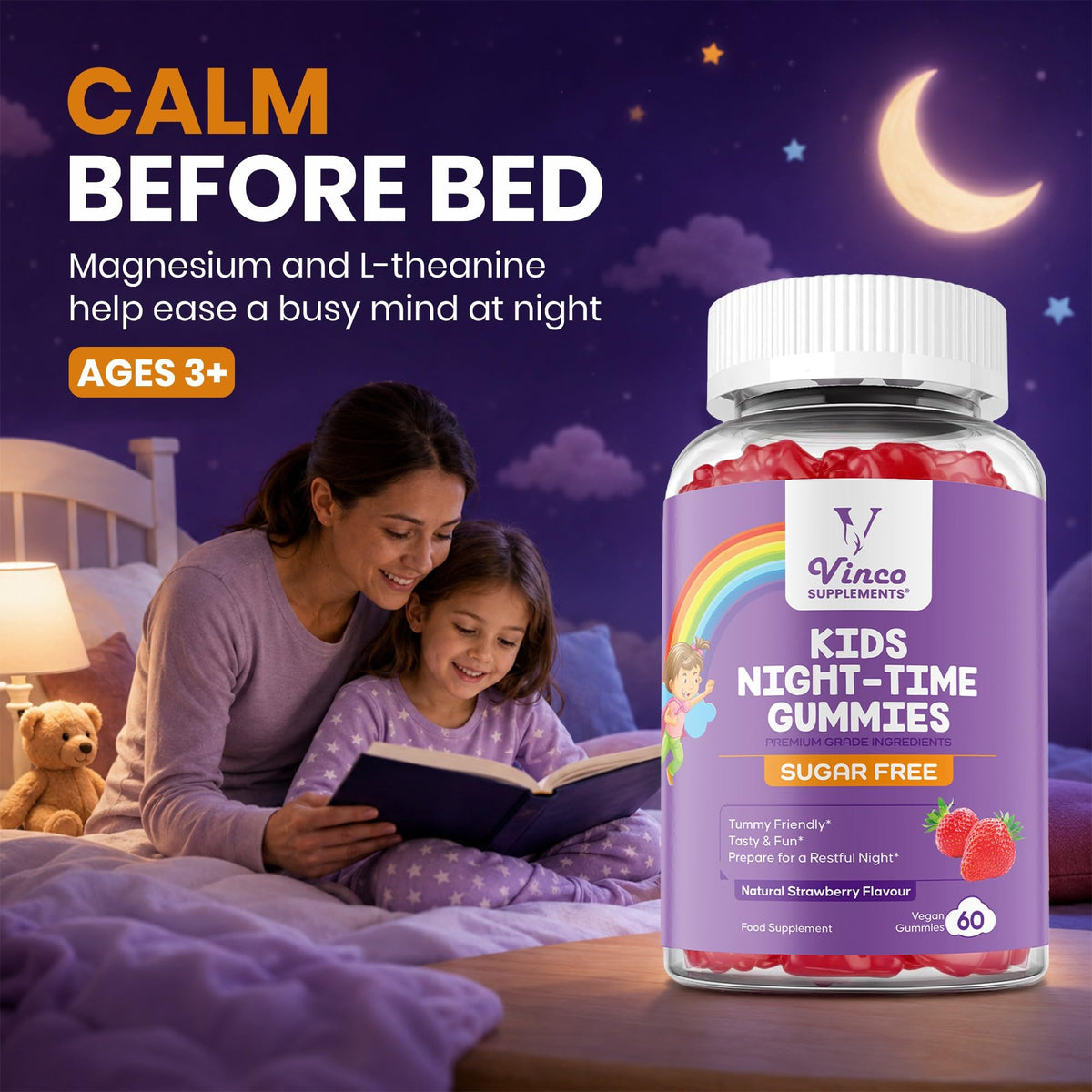 Kids Night-Time Gummies - 60 Chewable Sleep Support Gummies with Magnesium, L-Theanine, and Vitamin B6 for Children Ages 3+ - Calming Bedtime Formula - 2 Months Supply
