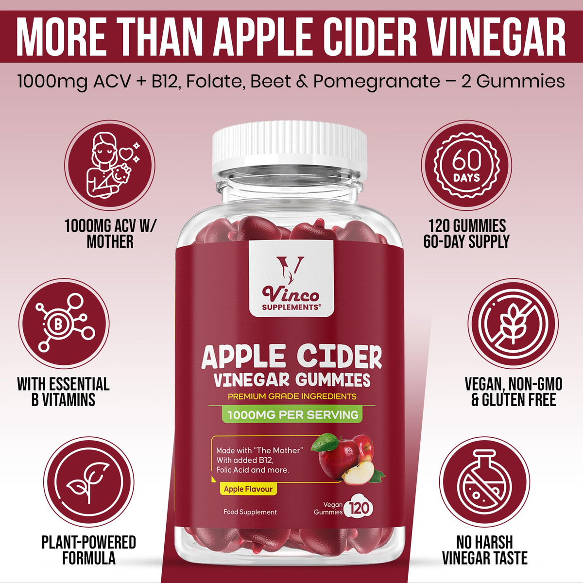 Apple Cider Vinegar Gummies with Mother 1000mg - 120 Vegan Gummies