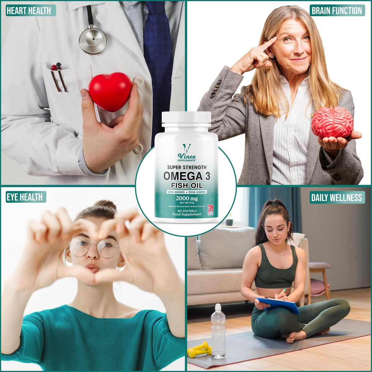 High Strength Omega 3 Fish Oil 2000mg - EPA 660mg & DHA 440mg Per Serving