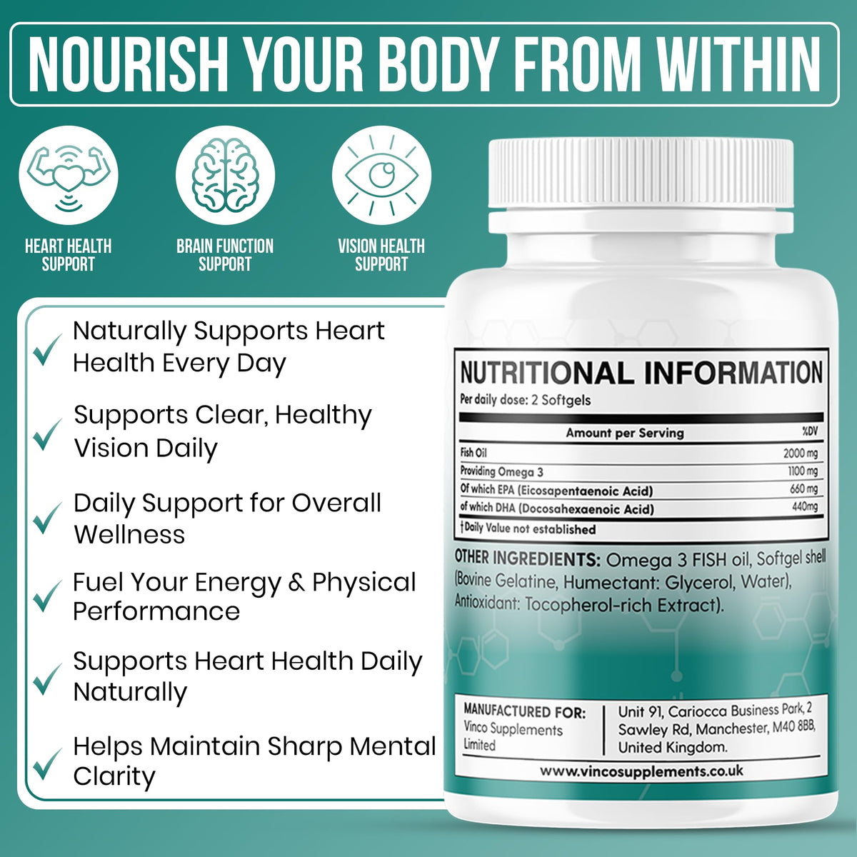 High Strength Omega 3 Fish Oil 2000mg - EPA 660mg & DHA 440mg Per Serving