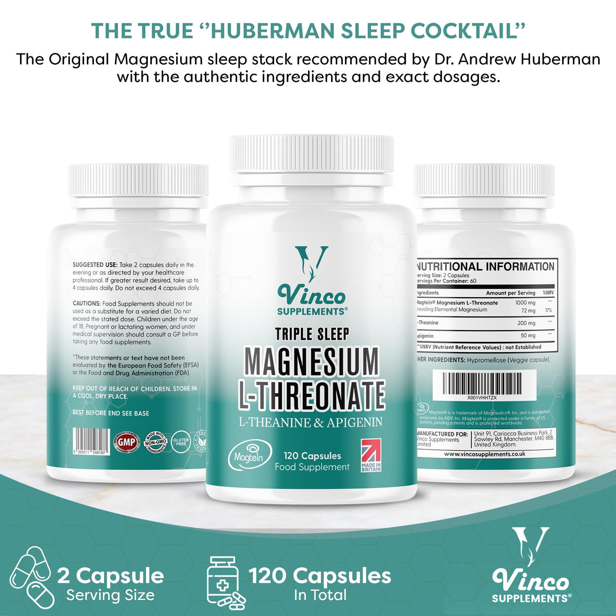 Vinco Triple Magnesium L-Threonate with L-Theanine & Apigenin – 120 Capsules - 3-in-1 Apigenin Threonate Magnesium Supplements for Sleep & Relaxation - Triple Magnesium Complex Made in The UK