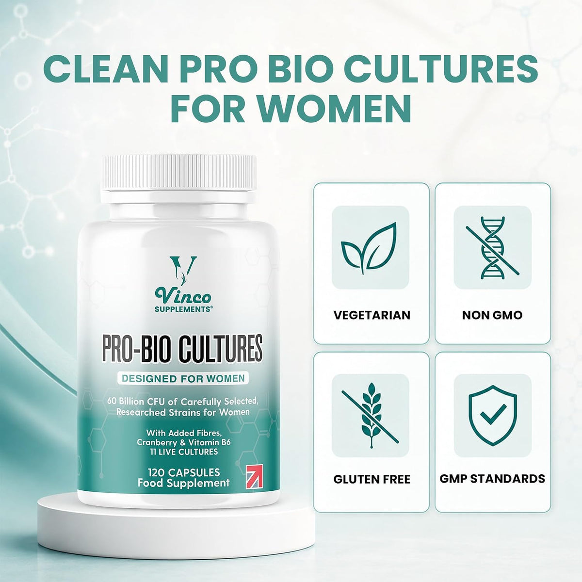 Vinco Pro Bio Cultures for Women – 60 Billion CFU, 120 Vegan Capsules