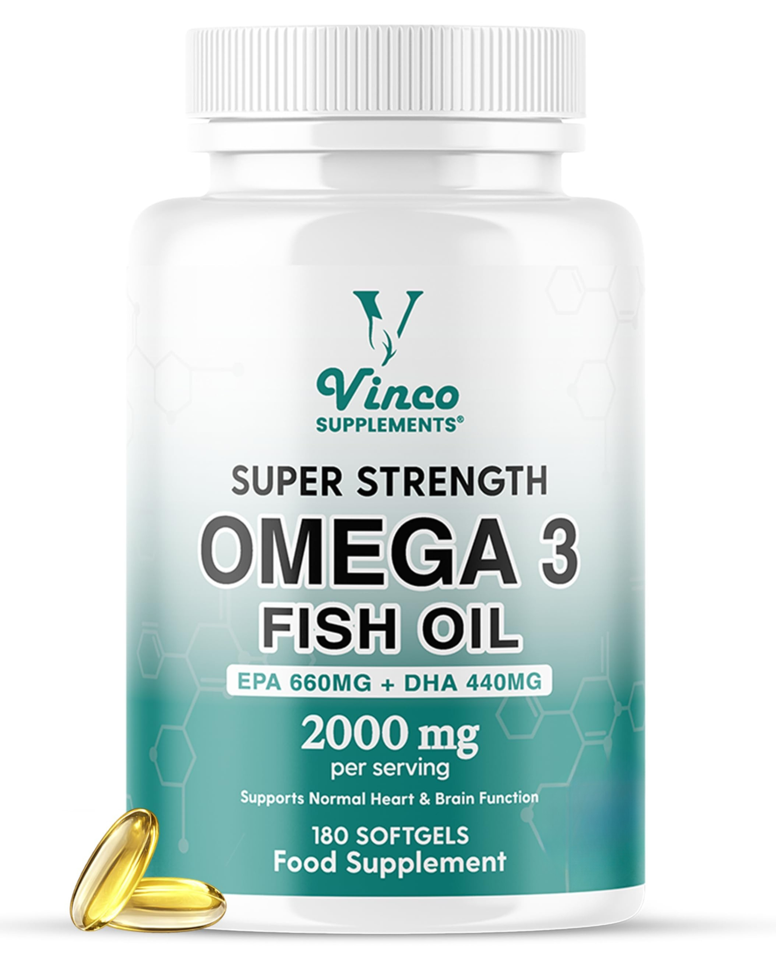 High Strength Omega 3 Fish Oil 2000mg - EPA 660mg & DHA 440mg Per Serving