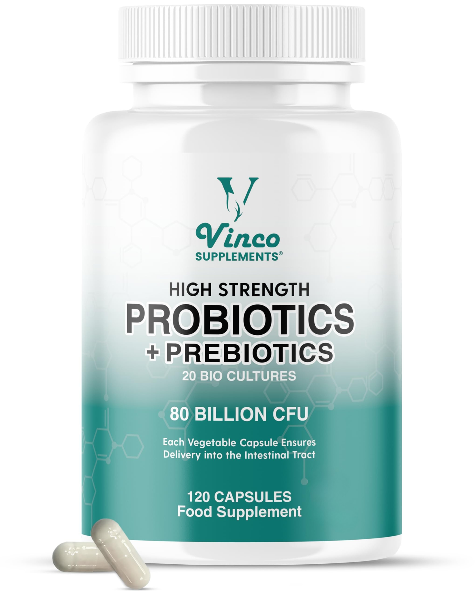 Vinco 80 Billion CFU Probiotics - 20 Strains with Prebiotics - 120 Vegan Capsules