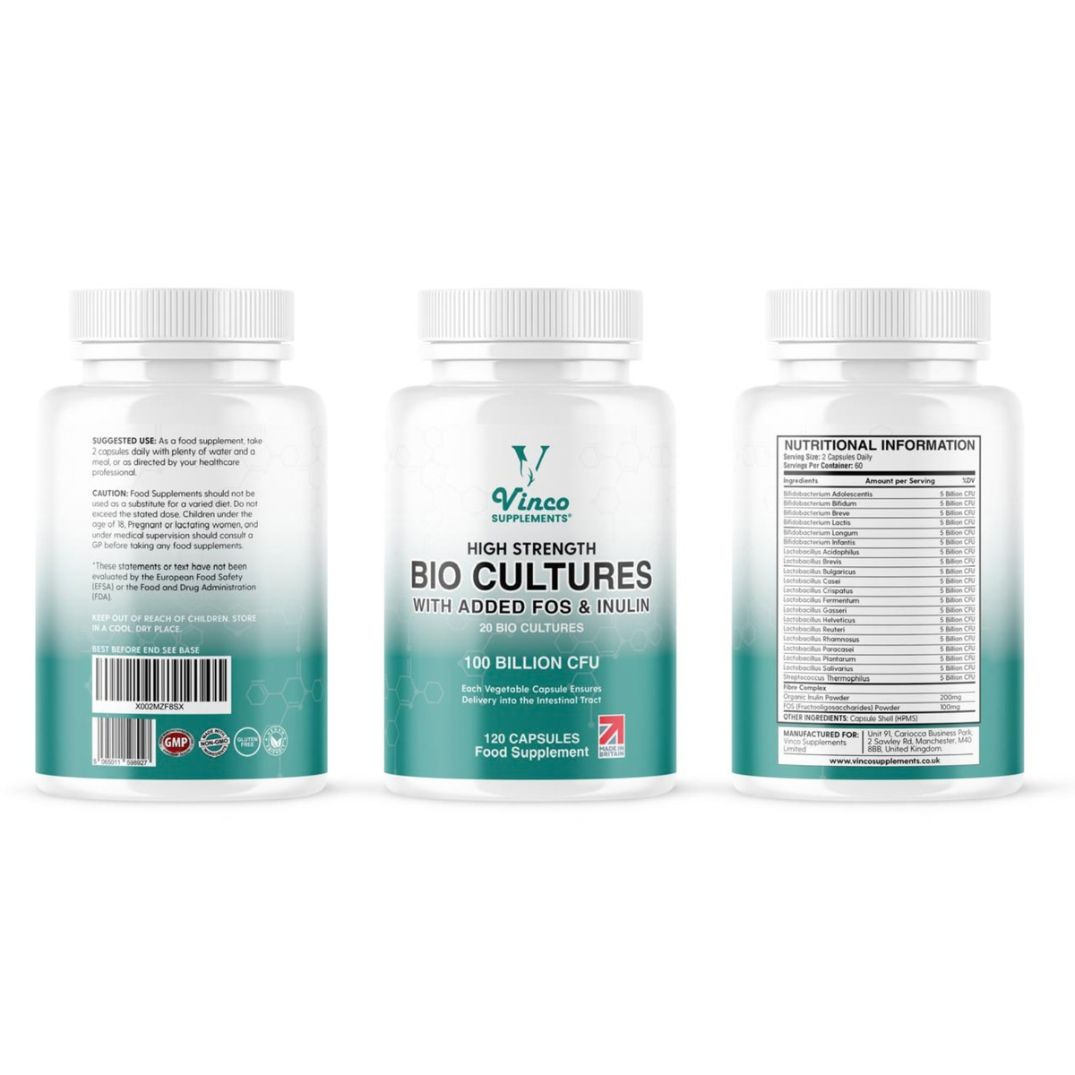 Vinco 100 Billion CFU Probiotics - 20 Strains with Prebiotics - 120 Vegan Capsules